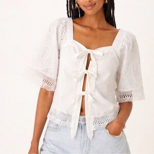 Y.A.S Tie Front Lace Sleeve Blouse NWT White Cotton Romantic Boho Top EU 40